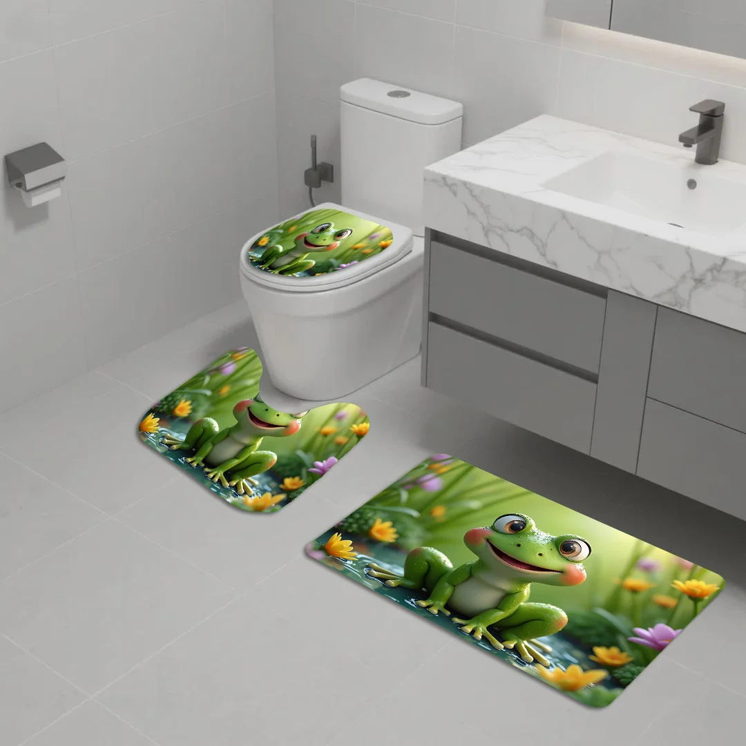 3‑Pieces Frog Pond Bathroom Mat Set, Decor Rug Kit With Toilet Lid Cover & U‑Shaped Mat, Nature‑Style Home Bathroom Decor