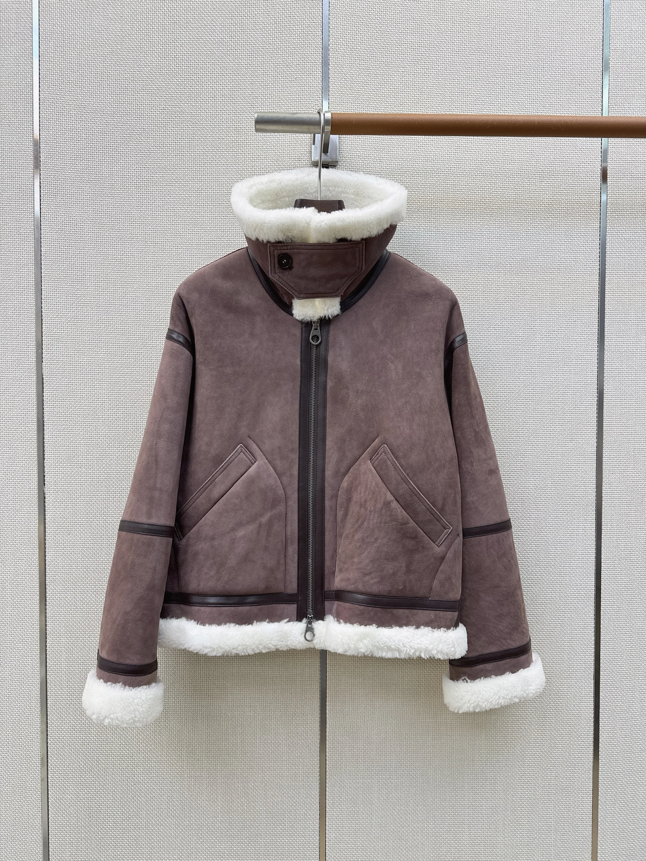 Women Vintage Brown Suede Shearling Thick Jacket Fur Collar Autumn Winter