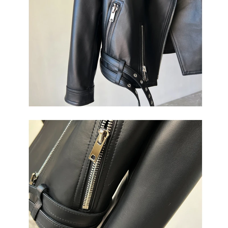 Moda Moto & Biker Giacca in vera pelle Cappotti per donna 2025 Nuova giacca in pelle con cerniera con rivetti con lacci Cappotti di pelle di pecora