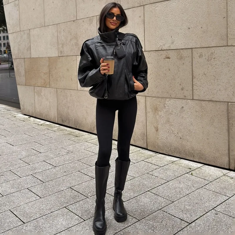 Talenza casual chique jaquetas de couro preto feminino manga longa botões elásticos casacos de grandes dimensões moda 2025 outono streetwear casacos