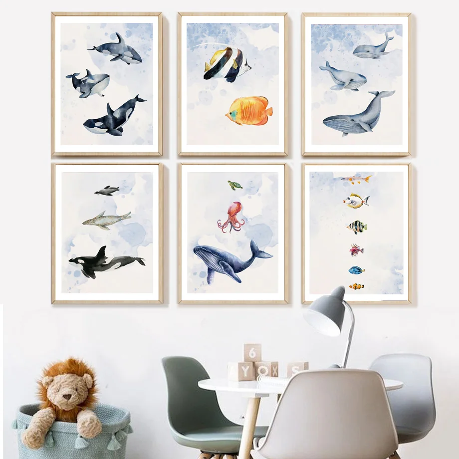 Turtle Beluga Walrus Penguin Seal Killer Whale Wall Art Print Canvas Painting Nordic Poster Wall Pictures Baby Kids Room Decor