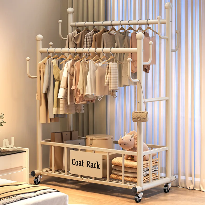 Coat rack Floor-to-ceiling bedroom household hanger Double bar indoor drying rack Bold mobile clothes rack Shelf