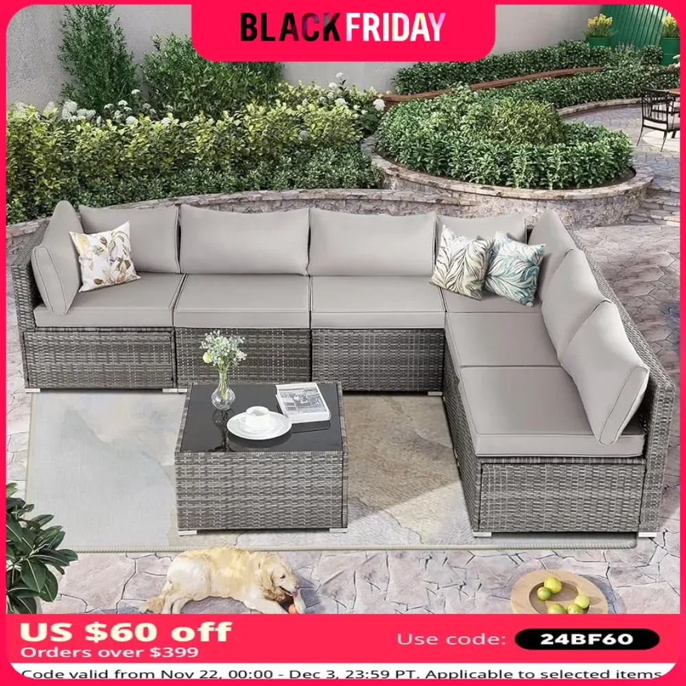 Outdoor Furniture Set of 7 Pieces,Rattan Sectional Sofa,Washable Cushions & Glass Coffee Table,Outdoor Furniture Set