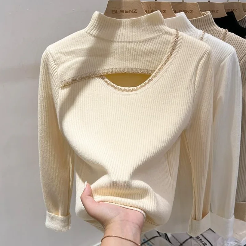 Elegant Women Mock Neck Faux Mink Fur Knit Top Hollow Out Beaded Decor Thick Warm Loose Sweater Daily Inner Base Shirt
