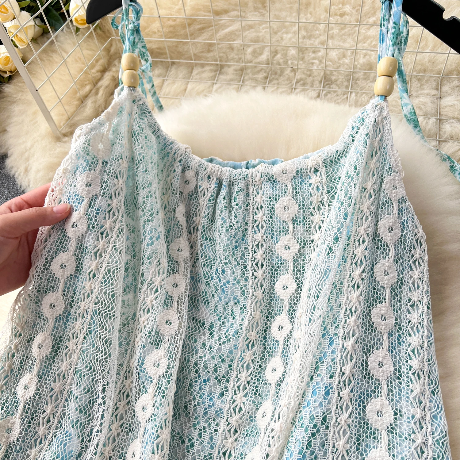 Foamlina Gebloemde Kanten Kwastjes Patchwork Sling Dress Vrouwen Zomer Mode Boho Print Mouwloze Vakantie Aan Zee Losse Midi Jurk