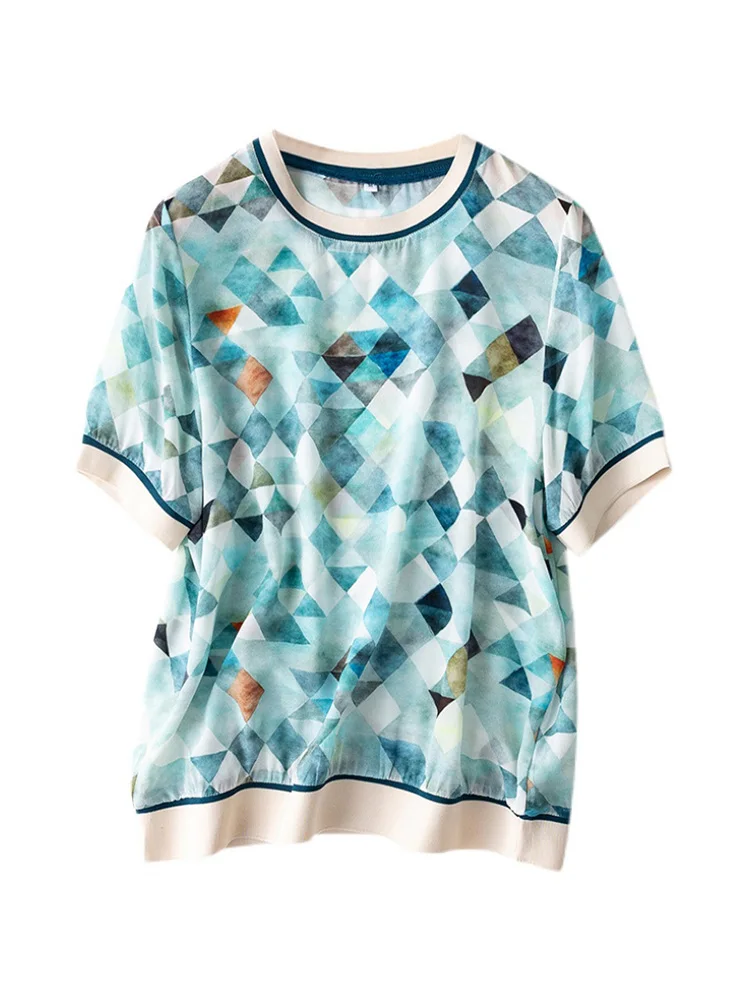 SuyaDream Woman Floral Summer Blouses 100%Silk Crepe de chine O Neck Short Sleeves Printed Shirts 2022 Spring Summer Top