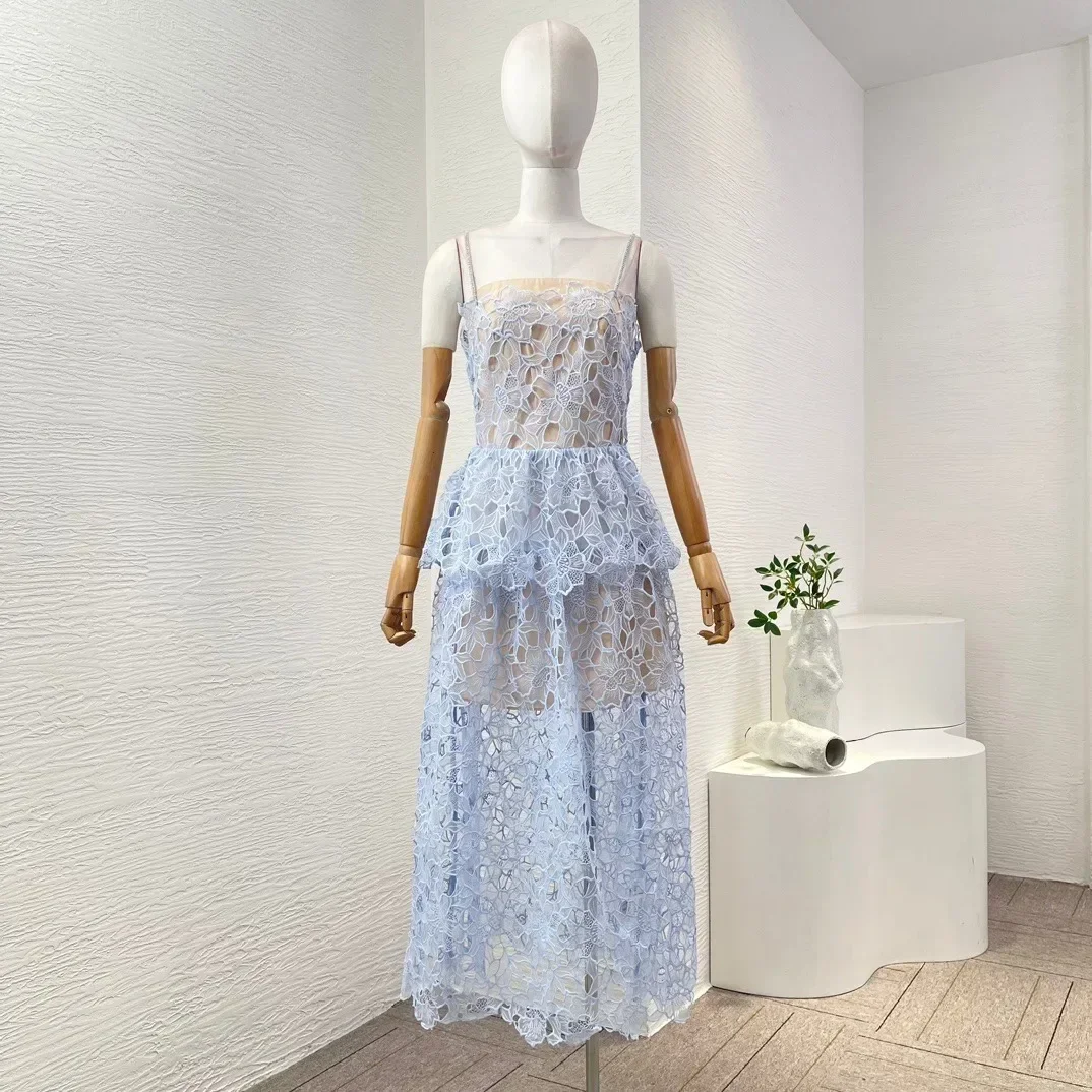 Top Quality Women's Blue Polyester Lace Slip Sleeveless Hollowed Out Midi Dress for Party