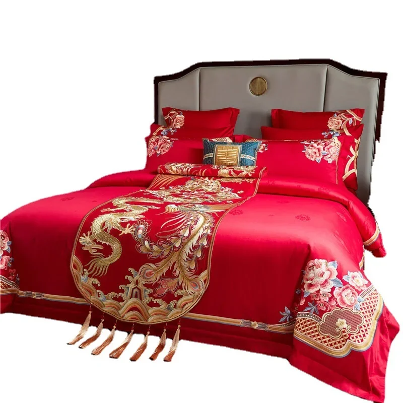 120 satin jacquard fabric Chinese exquisite Suzhou embroidery wedding four-piece set big dragon and phoenix embroidery
