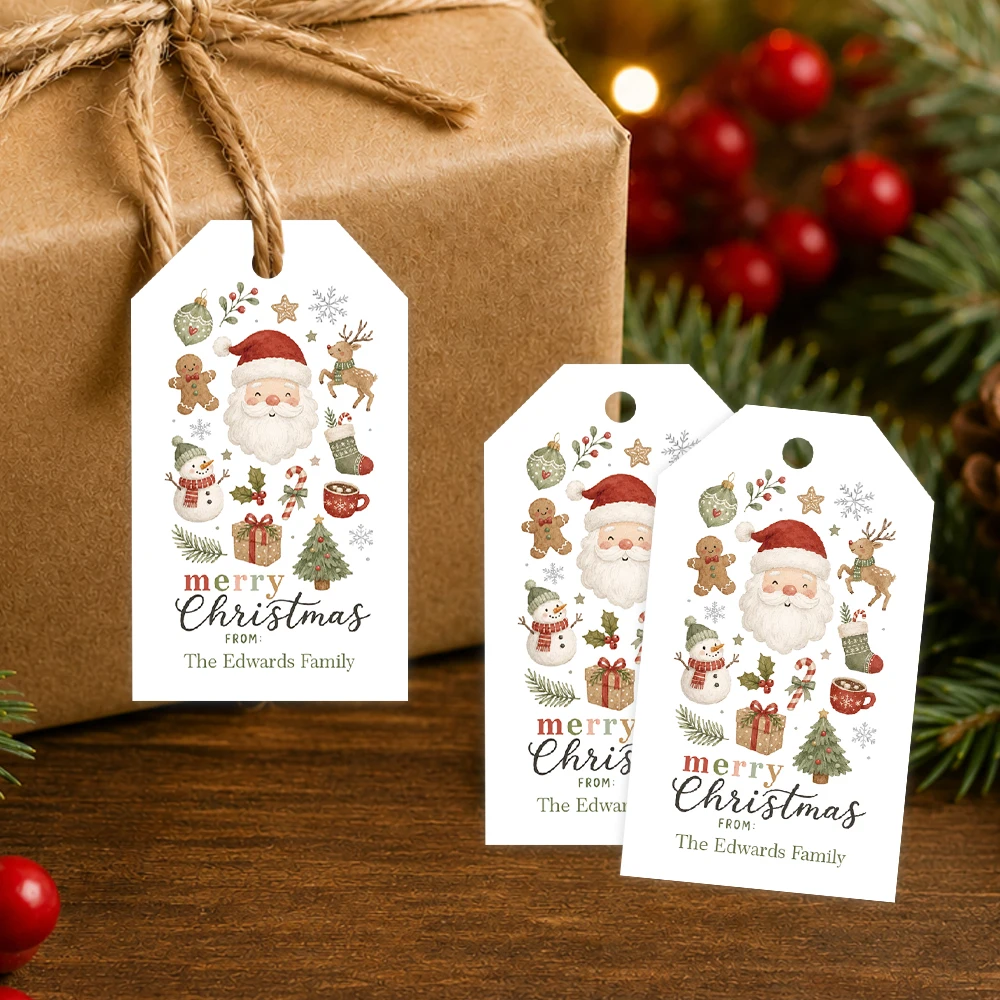 40 Pcs Custom Text Merry Christmas Gift Tags Santa Snowman Gingerbread Man Reindeer Personalized  With Jute Rope