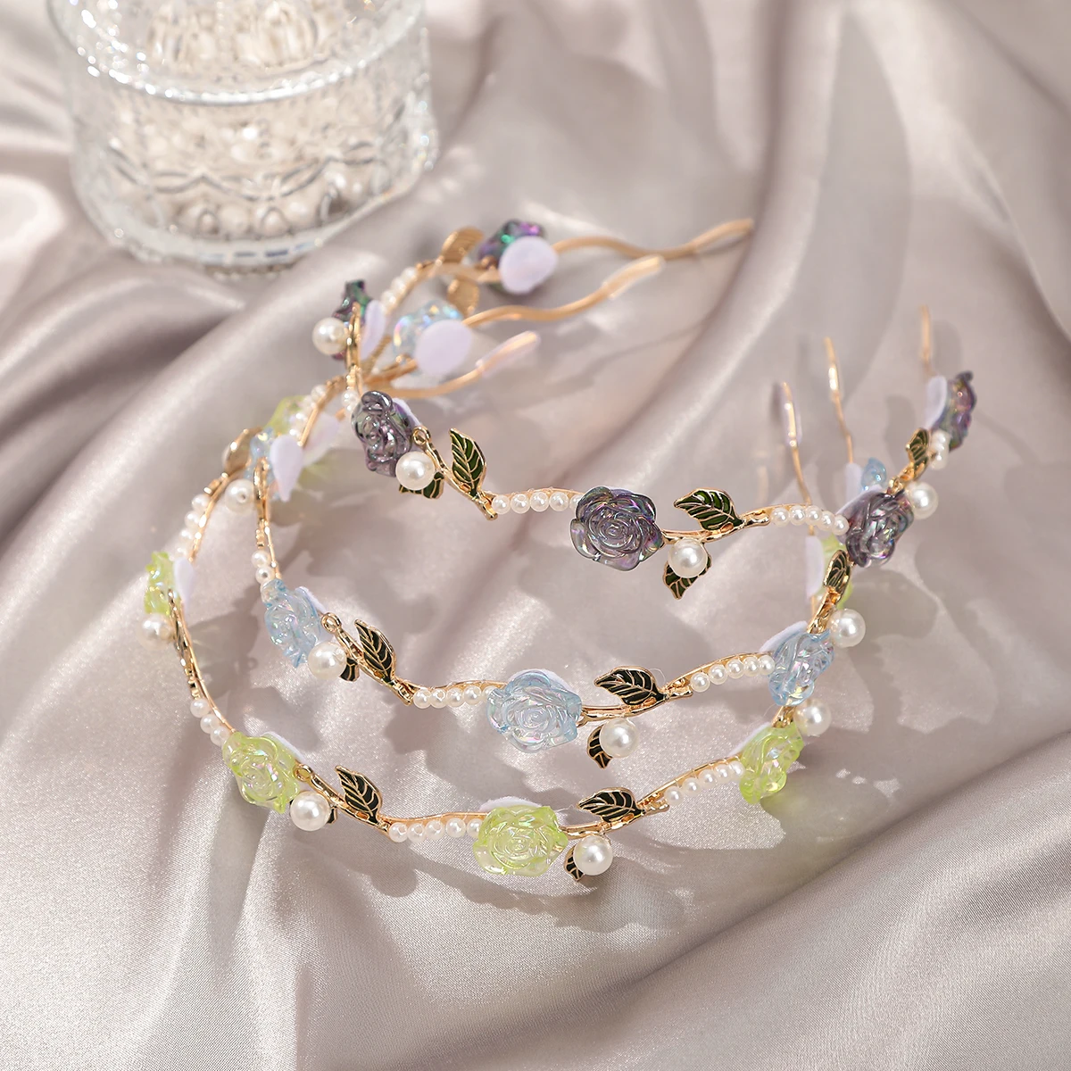 Resin Rose Green Leaf Headband Blue Flower Hair Hoops Bezel Headband Women Elegant  Pearl Fashion Hair Accessories Headwear