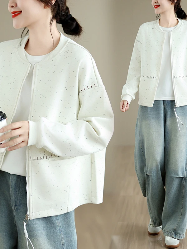 Authentic Spring Autumn 2026 Loose Fashionable round Neck Baseball Jacket Open Cardigan Top Women's Casual Polyester Cotton B...