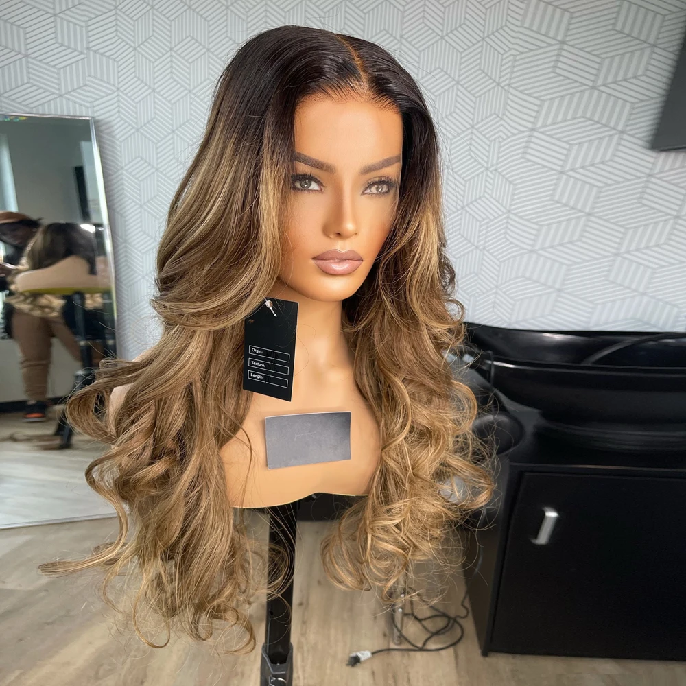 Brown Honey Blonde Balayage Lace Front Ombre Wig 100% Virgin Human Hair Full Lace Wig 200 Density 13x6” Lace Front Wig 26” HD