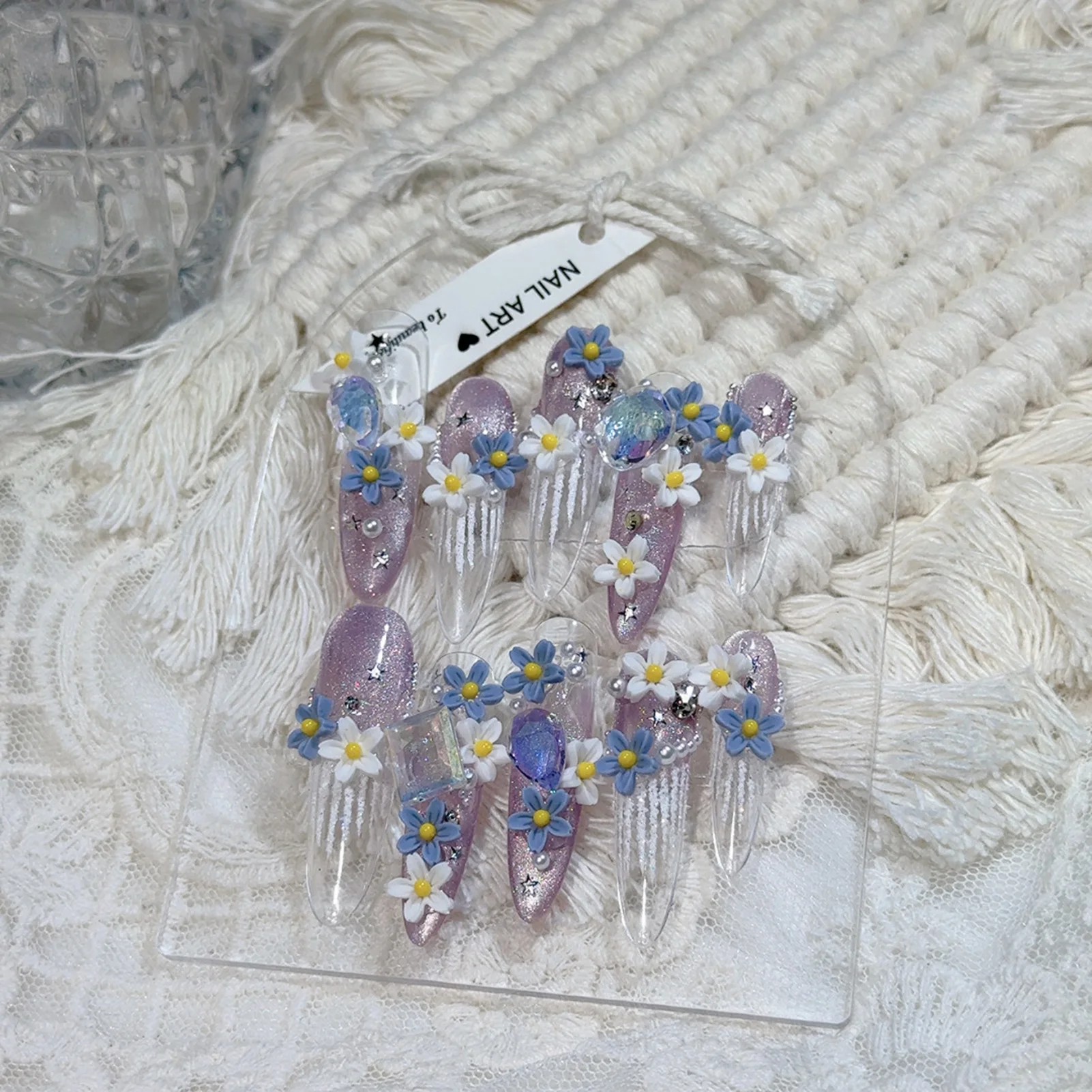 10 pièces presse à la main sur les ongles romantique malve Style français glace Transparent longue amande faux ongles printemps fleur décor faux ongles