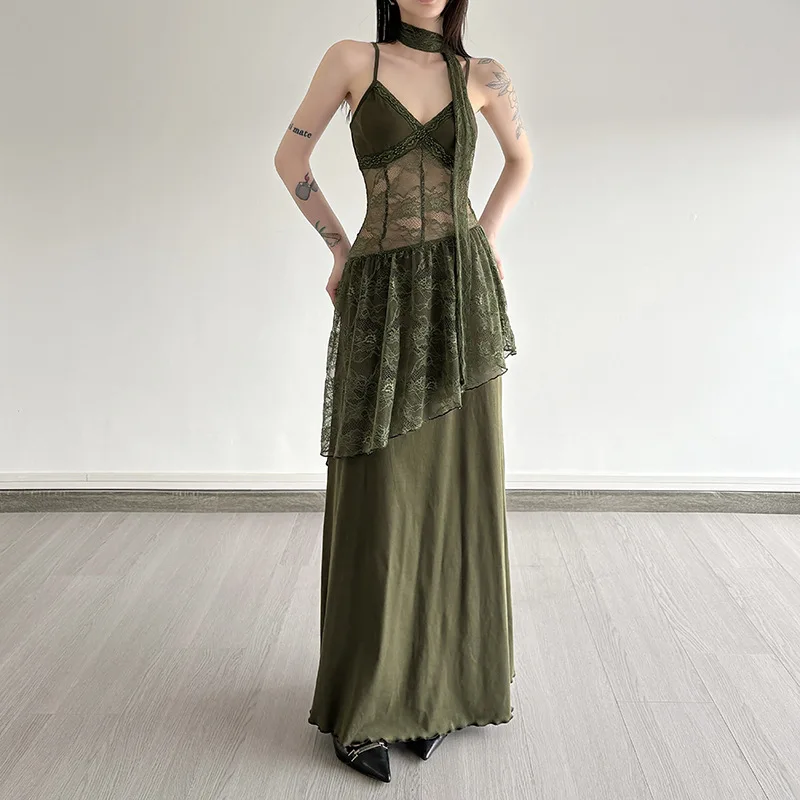 

Summer New Arrivals - Feminine Style Women's Green Halter Dress, Beachy Lace Sexy Long Dress