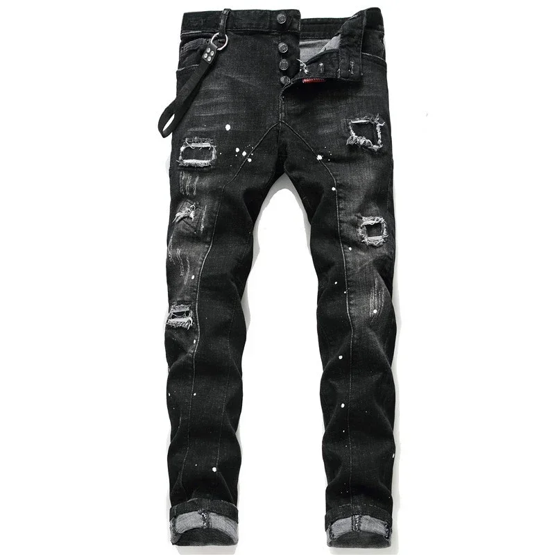 New Fashion Men Black Ripped Denim Jeans talian High Street Style Denim Pants High Quality Male Slim Fit Denim Trousers Size 38