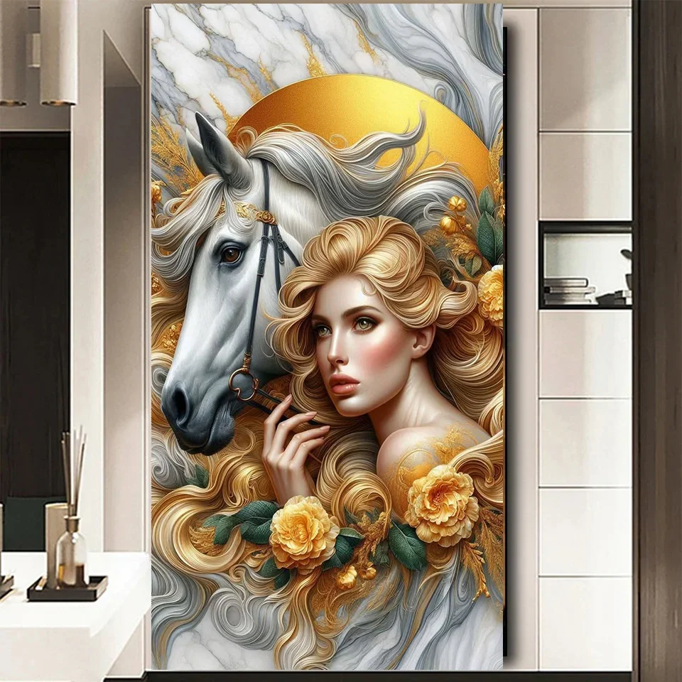 Pintura de diamante de caballo blanco y dama rubia, arte de diamante artesanal, mosaico de diamantes redondos y cuadrados, retrato de punto de cruz