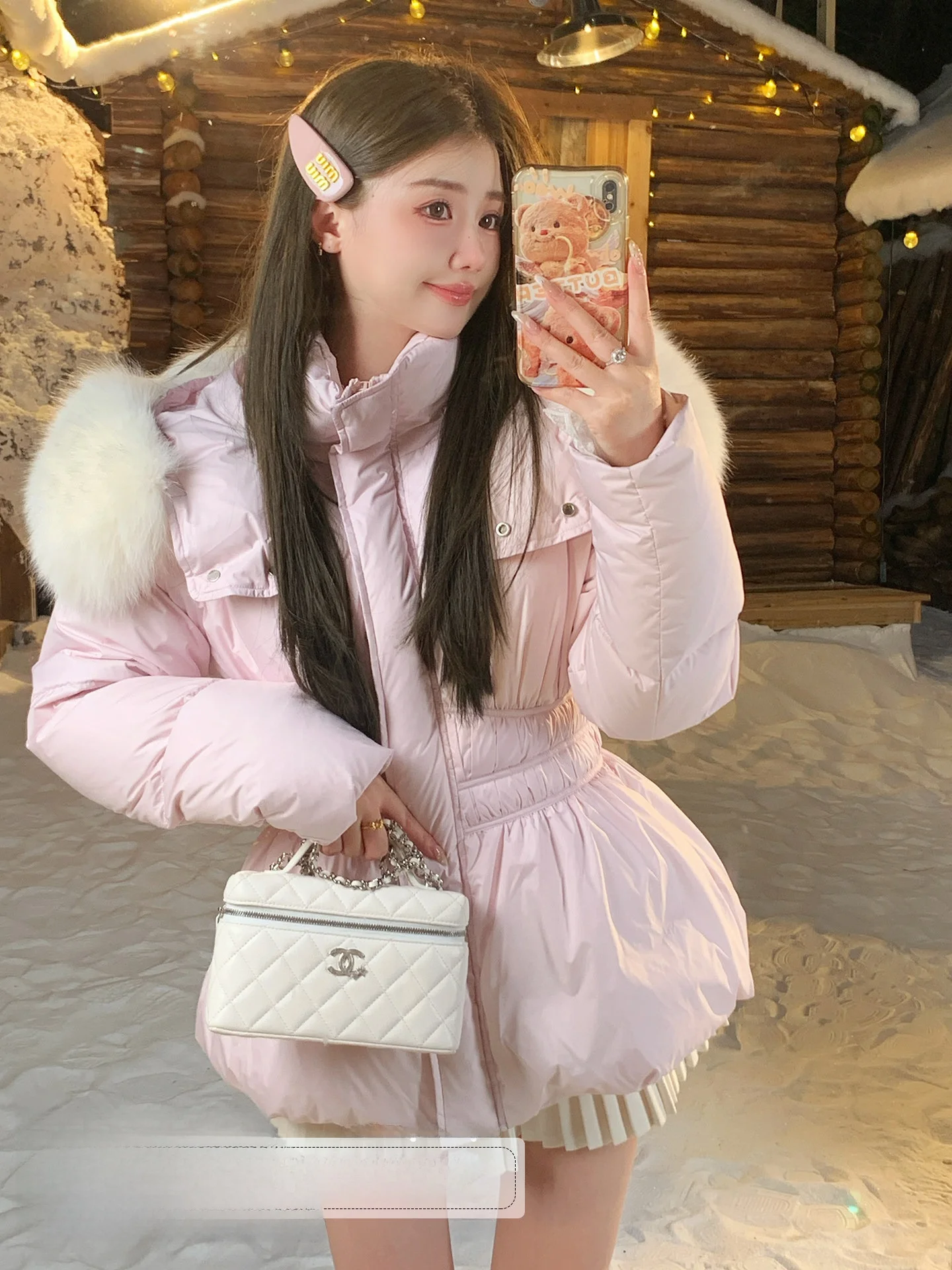 

Sweet Girl Fur Collar down Jaet ort A-Line Waist-Cinching Coat Warm White Du down Filling High Waist Zipper Closure