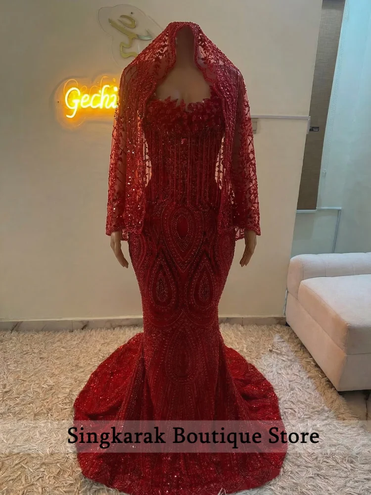 Red Diamonds Luxury Women's Evening Dresses 2026 With Veil Beading Crystals Tassels Formal Prom Dress Wedding Party Customized
