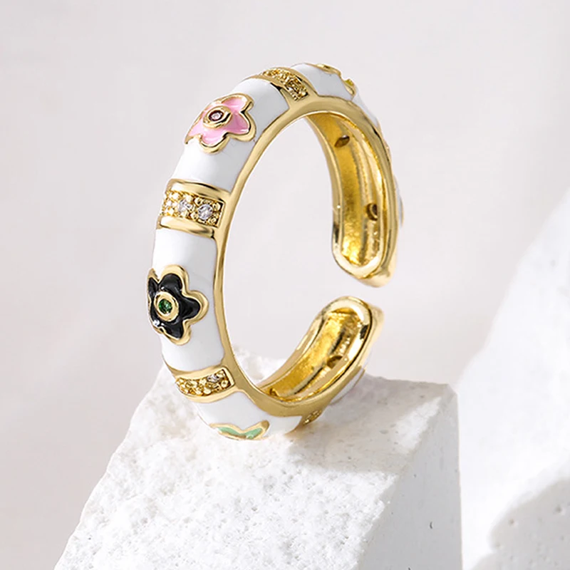 Bohemia Zircon Floral Finger Rings for Women Enamel Color Adjustable Opening Rings Geometric Rings Female Jewelry Gifts