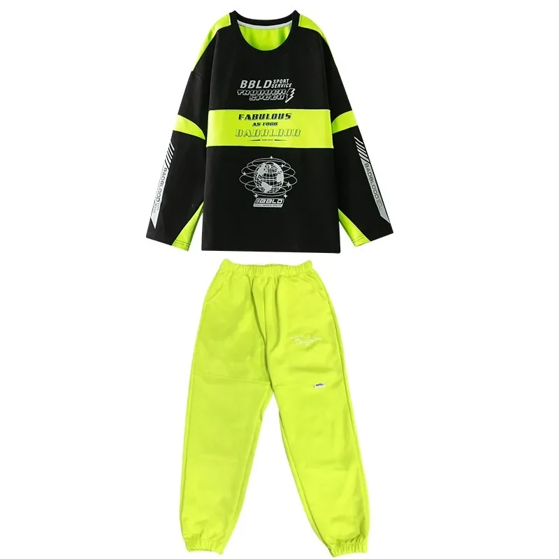Trajes de baile de Jazz, ropa deportiva de monopatín de otoño, disfraz de Hip Hop para niños, ropa deportiva verde adecuada para exteriores