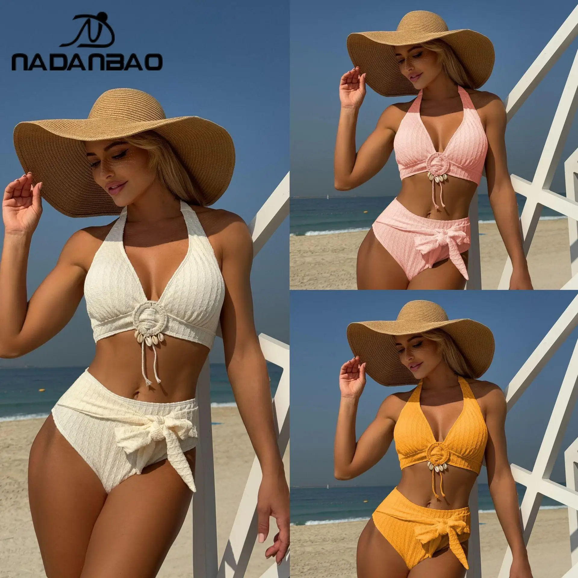 

Nadanbao Women's White Yellow Shell Ring Bikini Set High Waist Haler Swimsuit Special Fabric Beach Clothes Summer Sexy Swimwear