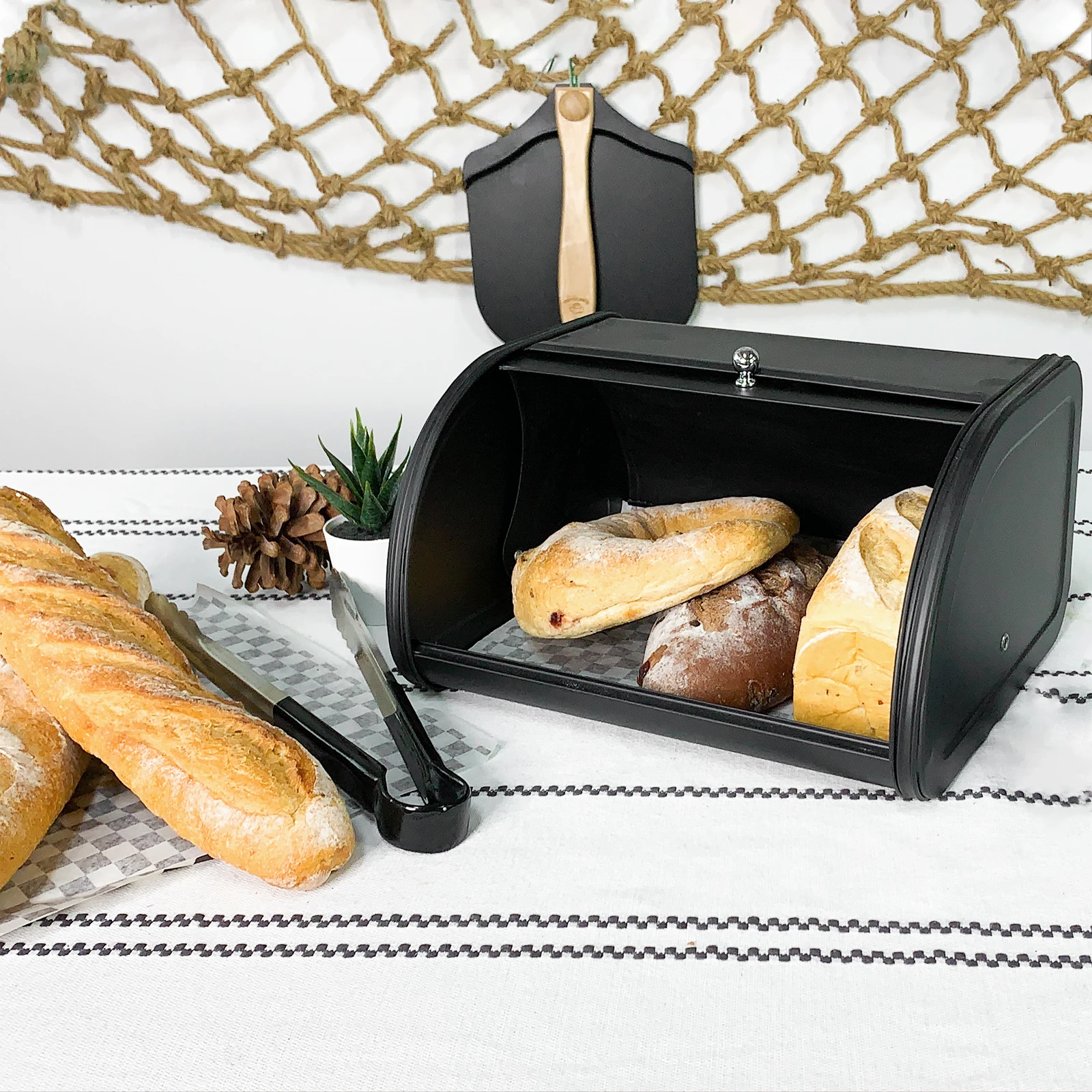 Metal Bread Box Black bread Bin for Kitchen Countertop Food Storage Containers Large Bread Keeper Container for Picnic Black