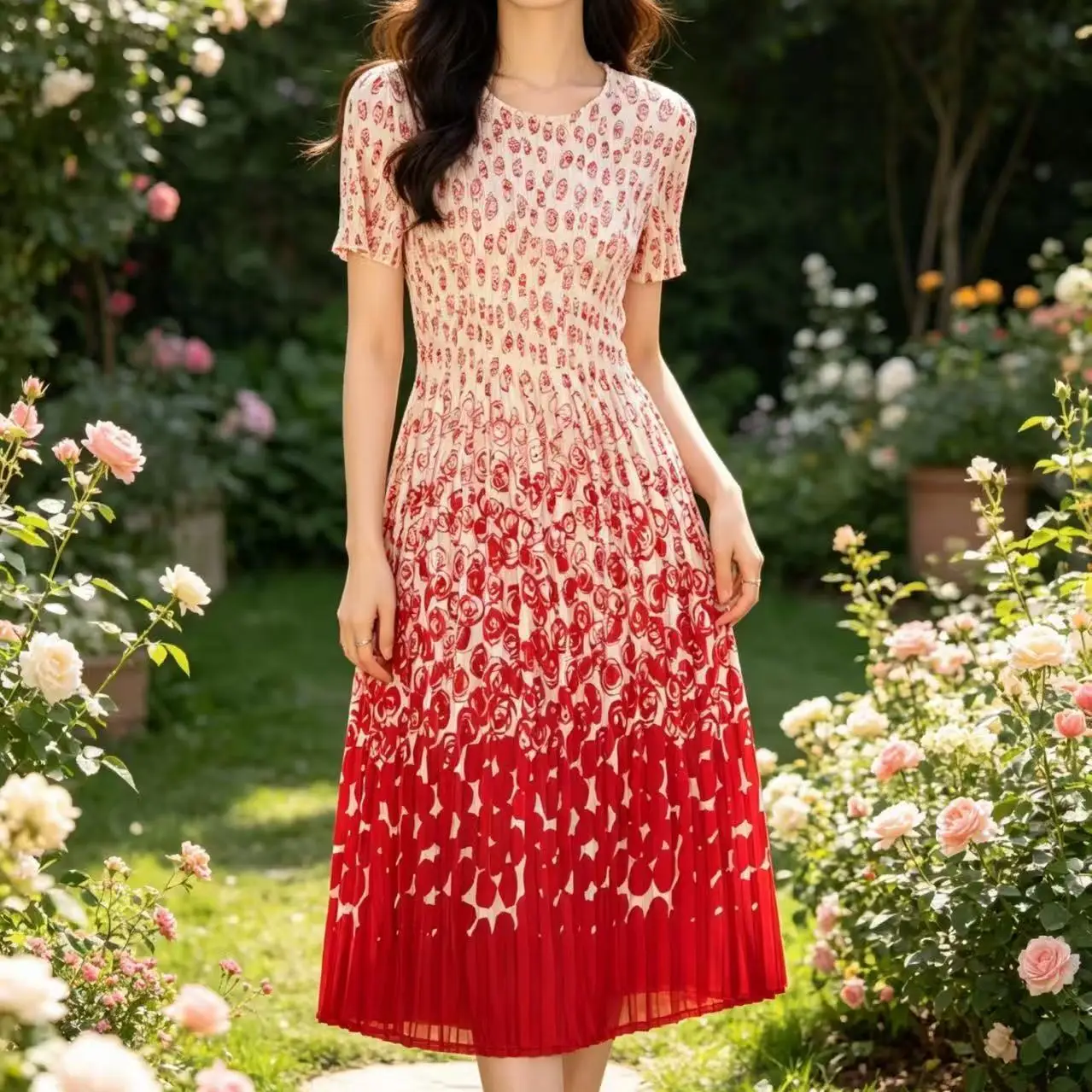

Gradual change red rose wind pleated skirt middle-aged mother summer loose belly thin round neck short sleeve dress