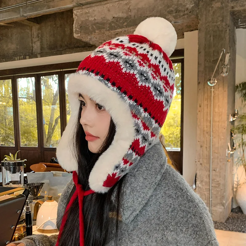 Korean Version Show Face Small Knitted Hat Women's Winter Riding Warm Ear Protection Padded Pullover Woolen Hat Print