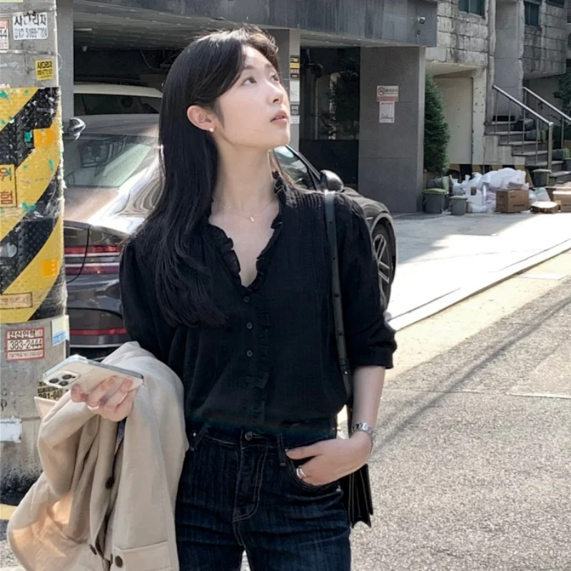 أنيقة المرأة irt خمر لطيف Earlet V-Ne مطوي الملمس الإحساس متوهج Sve أعلى تخفيف Sle طويل Sve