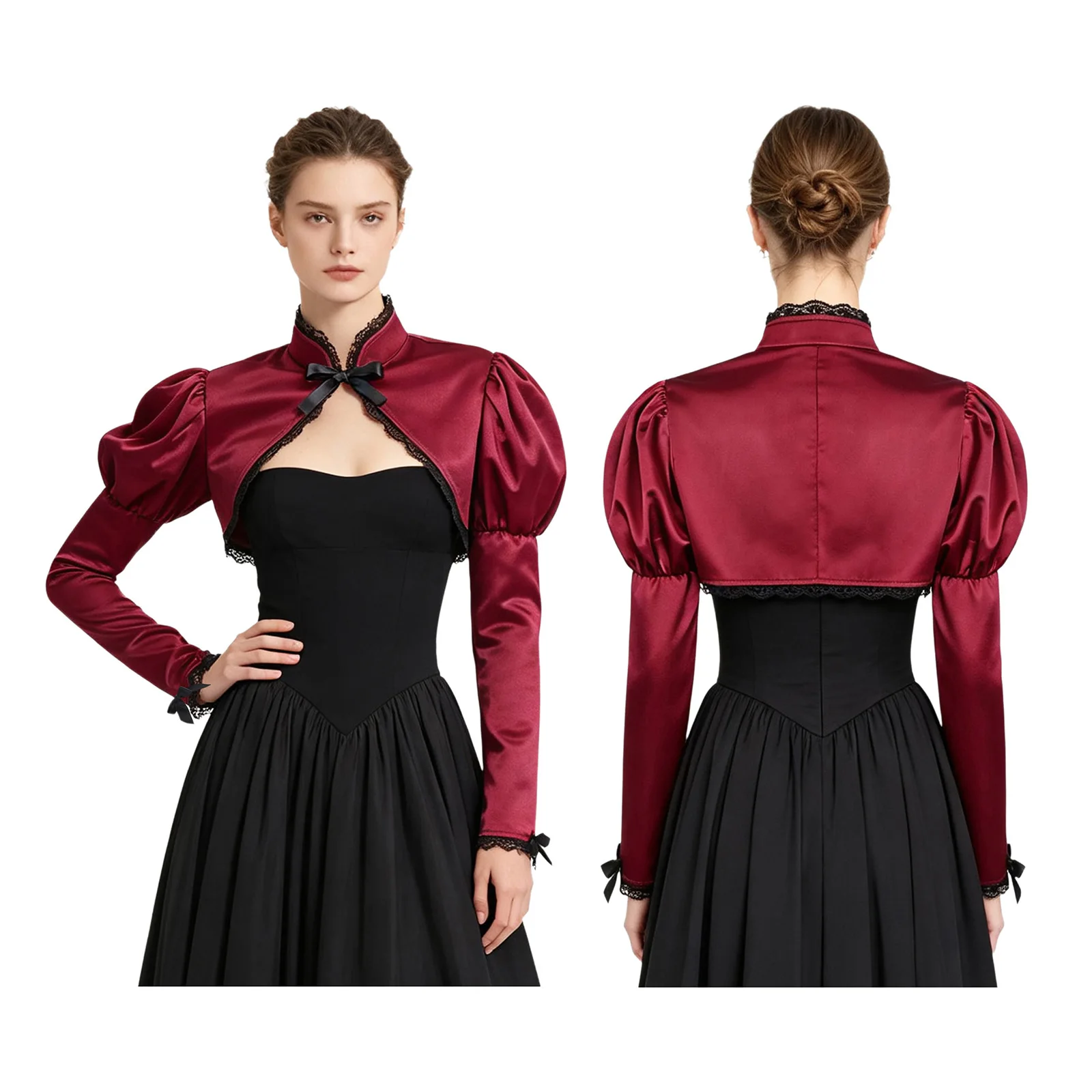 Women Puff Sleeve Satin Medieval Renaissance Victorian Gothic Bolero Shrug Shawl Halloween Carnival Vampire Cosplay Costume