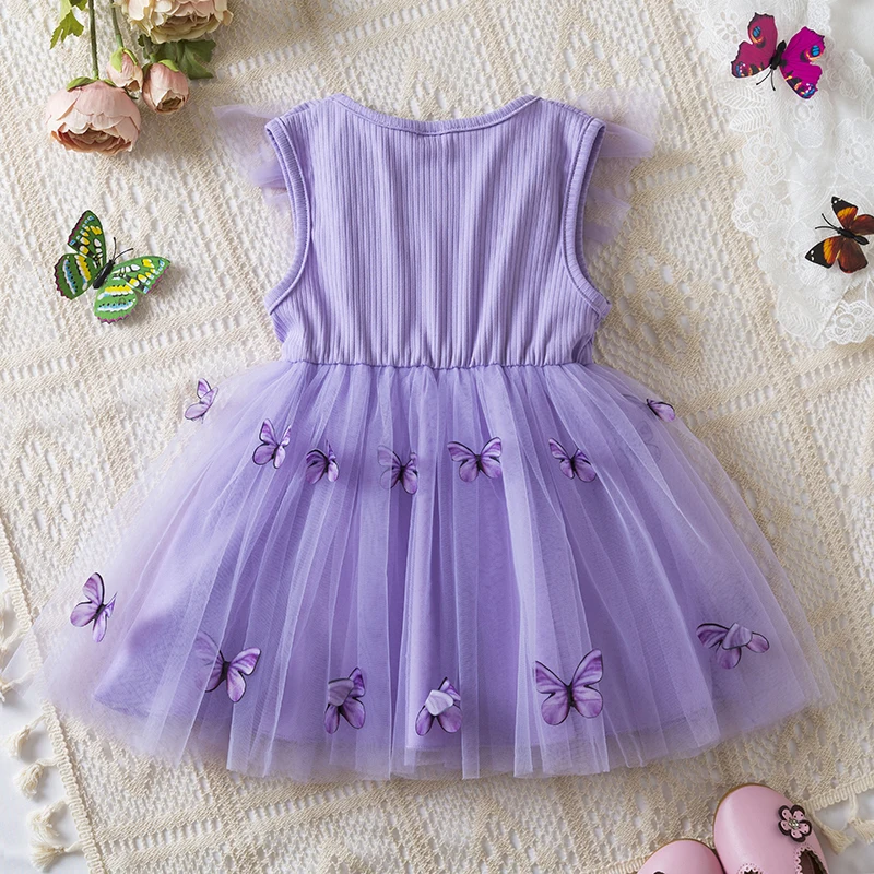 Summer Dress 2024 New Butterfly Mesh Flying Sleeve Dress Girls Fashion Dresses Toddler Girls Casual Wear Children\'s Clothes 1-5Y