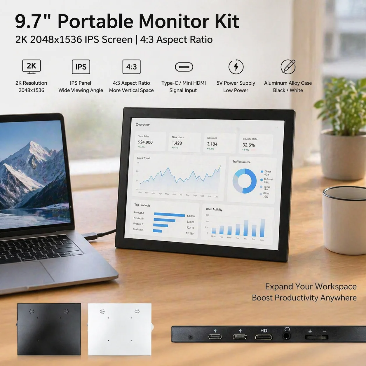 9.7-inch 2K IPS portable secondary monitor 4:3 Type-C/mini HDMI input 2048x1536 for laptop Raspberry Pi PC external display