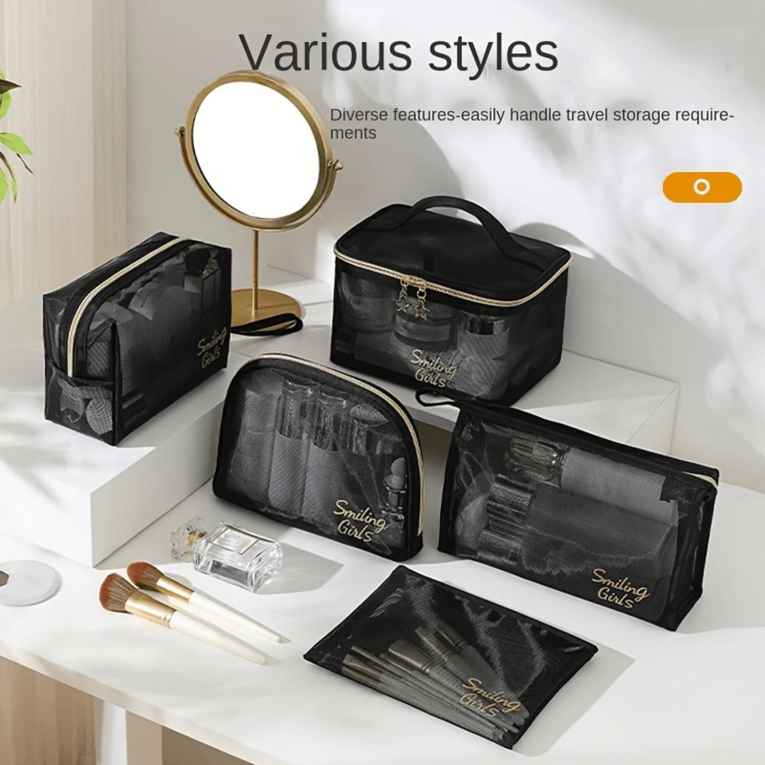 Ensemble de sacs à cosmétiques semi-transparents en maille 5 pièces, organisateurs de toilette portables, Kit de voyage parfait incontournable