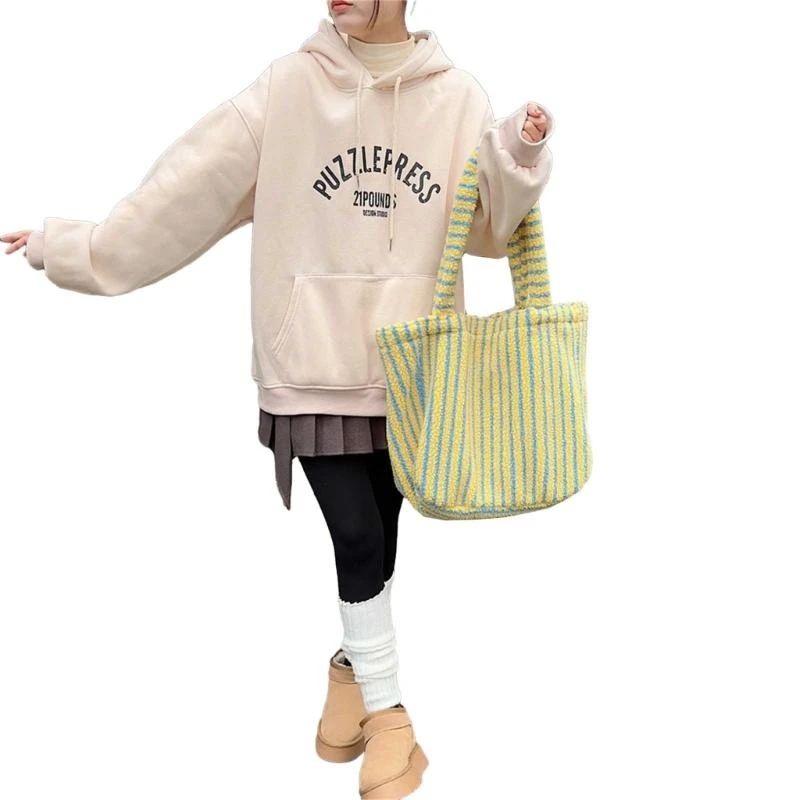 

G5AE Women Plush Bag Large Capacity Handbag Fashionable Stripe Shoulder Bag