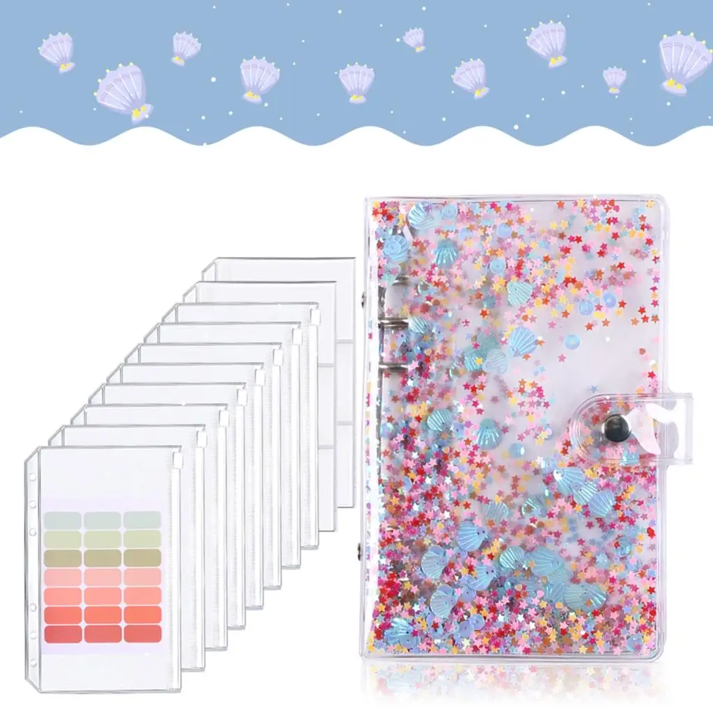 A6 Budget Binder Cover with 10Pcs Transparent Cash Envelopes Waterproof PVC Zippered Cash Bags for Budget