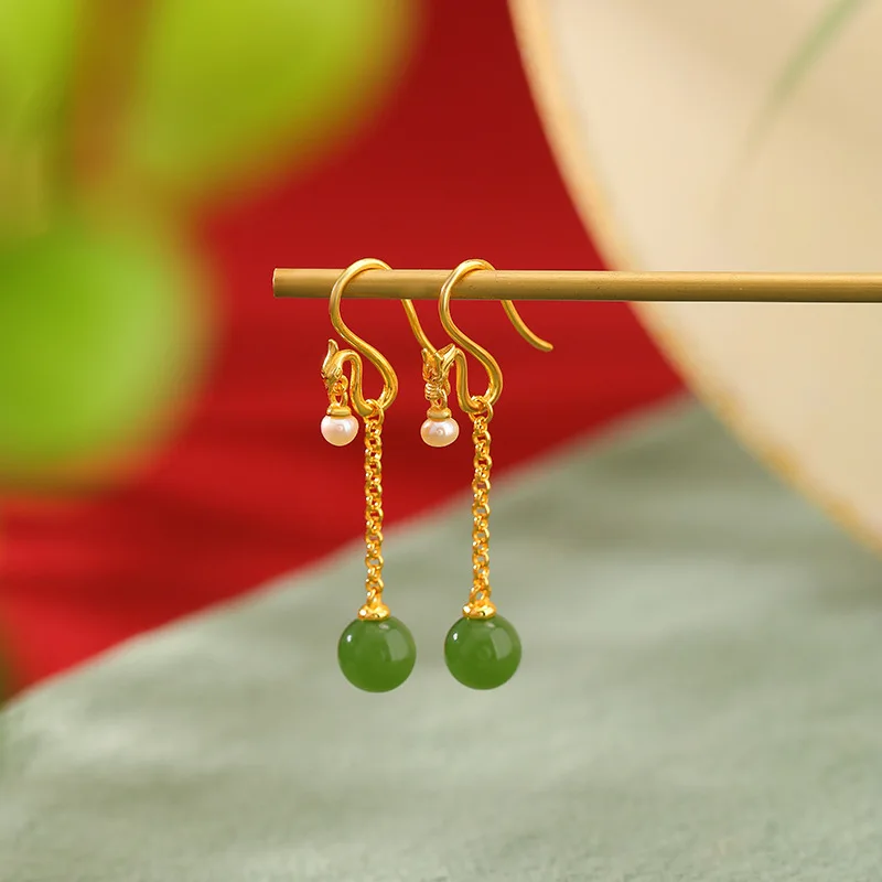 S925 Sterling Silver Gold-Plated Hetian , Green Jade, Freshwater Pearl, New Style And Auspicious Earr