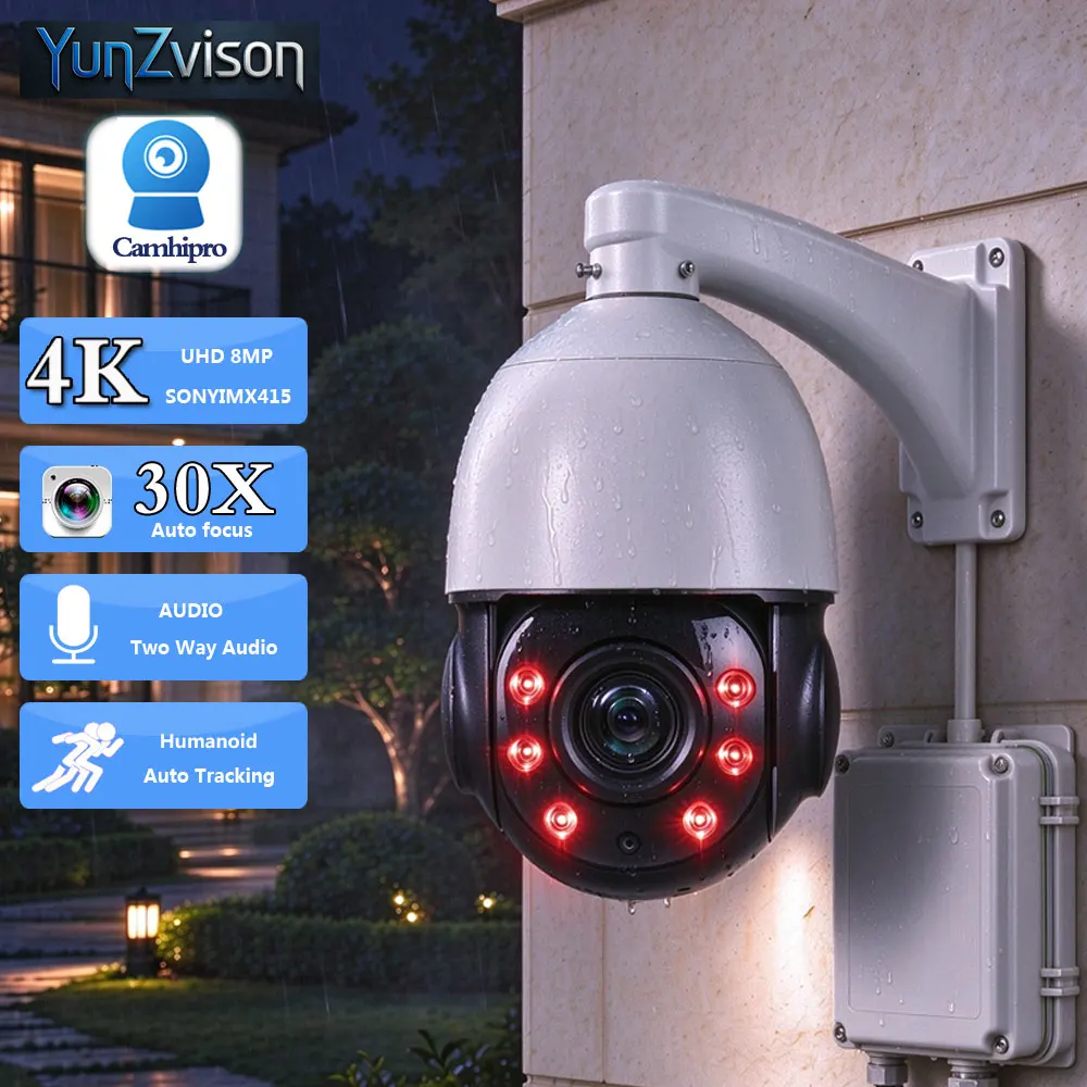 4K 8MP 30X Zoom Surveillance IP Camera PTZ Dome Metal Two Way Audio Humanoid Tracking IR 80M