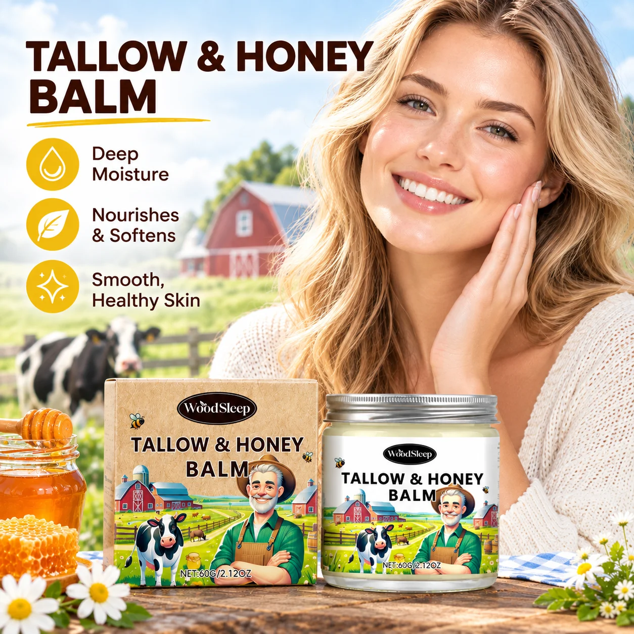 Woodsleep Beef Tallow Honey Balm Improve Dry Rough Skin Remover Soften Lightweight Natural Organic Moisturizer for Face & Body