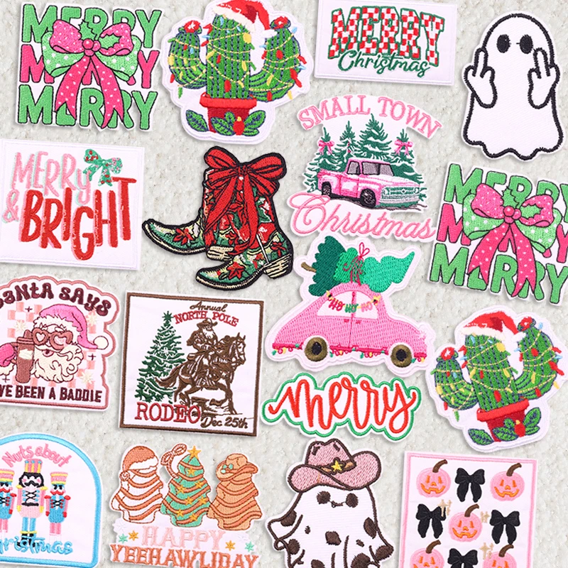New Style Pink Christmas Embroidered Patches For Clothes Christmas Tree Bow Car Boots Patch Iron On Patches Thermoadhesive Patch
