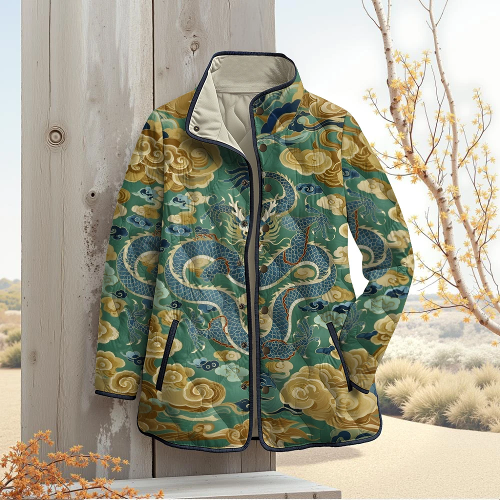 سترة دافئة مطبوعة على شكل سحابة التنين الصيني التقليدي بياقة واقفة ونمط آسيوي عتيق مثالية لمحبي الموضة الثقافية والملابس الخارجية