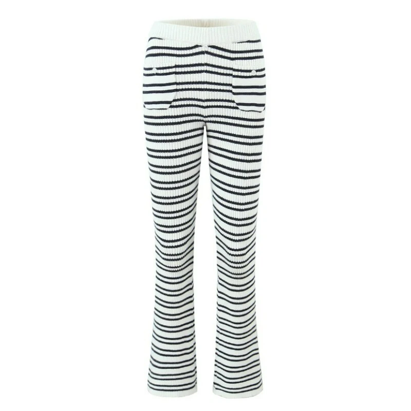 2026 Nieuwe Vrouwen Rits Trekkoord Capuchon Trui Amerikaanse Retro Design Wit Gestreepte Gebreide Sexy Hip-Verpakt Broek pak Dames