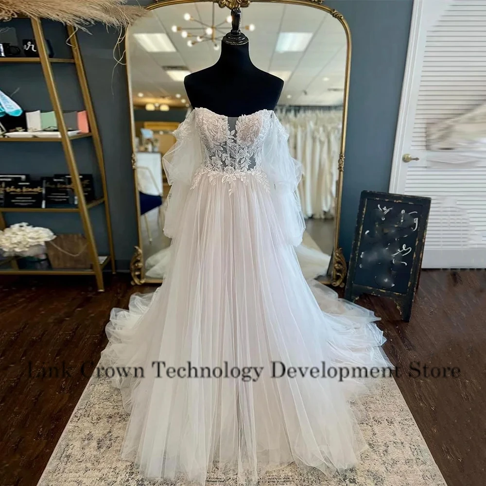 Georous Strapless Wedding Dresses for Ladies Elegant A Line Bridal Gowns Exquisite Full Sleeve Vestidos De Novia 2025 Summer New