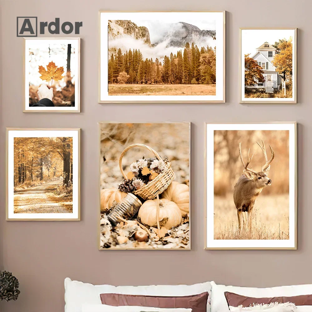 

Autumn Forest Deer Bird Natural Scenery Poster Wooden House Canvas Painting Nordic Art Print Wall Picture Living Room Home Decor