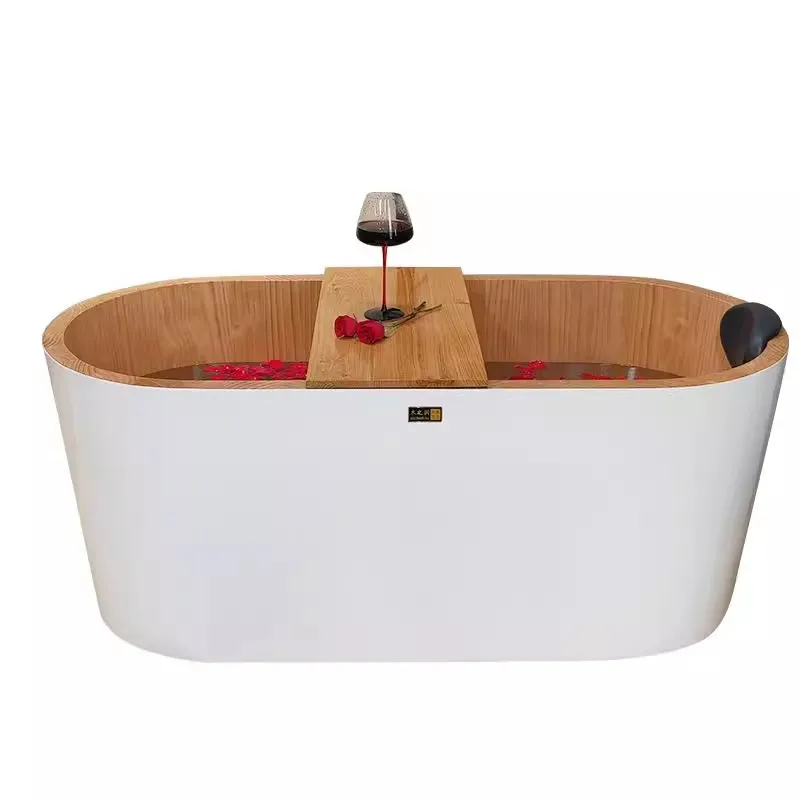 Independent Japanese-style wooden bathtub bath wooden bucket small household hotel homestay double oval bathtub