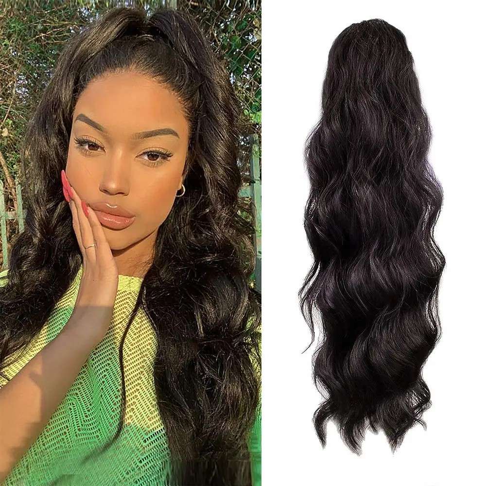 

Synthetic 24 Inch Long Body Wave Ponytail hair Extension Heat Resistant Wrap Drawstring Curly Wavy Ponytail Hairpieces fo