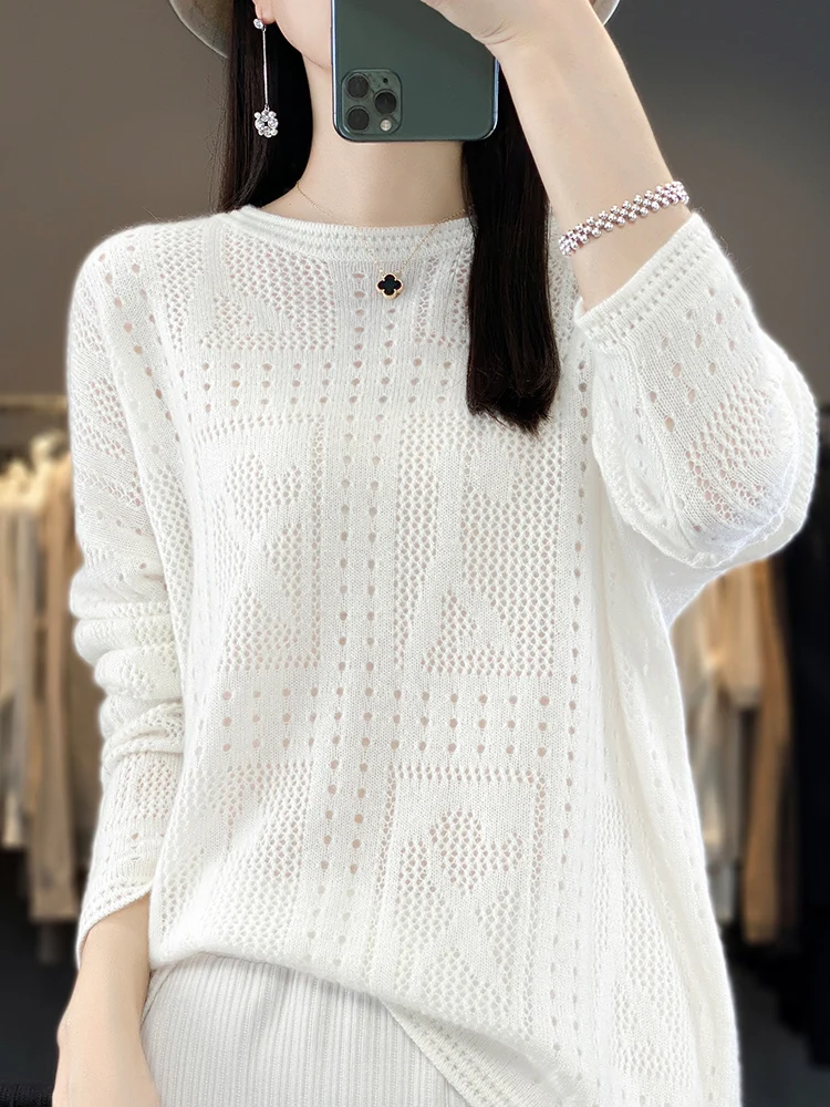 New Chic Women Spring Autumn Sweater Hollow Long Sleeve O-Neck Pullover 100% Merino Wool Knitted Loose Jumper Female Clothing