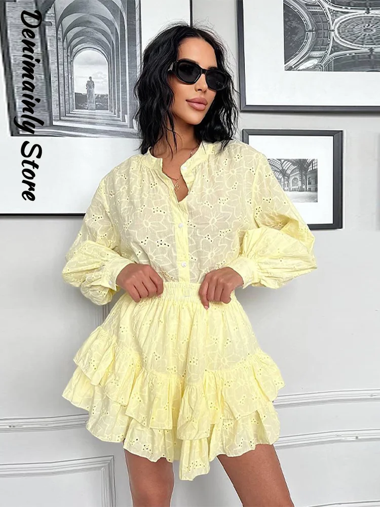 

Elegant Embroidered Hollow Skirt Set Women O-neck Long Sleeve Top Ruffle Hem Skirts 2025 Summer Beach Vacation 2 Piece Suit