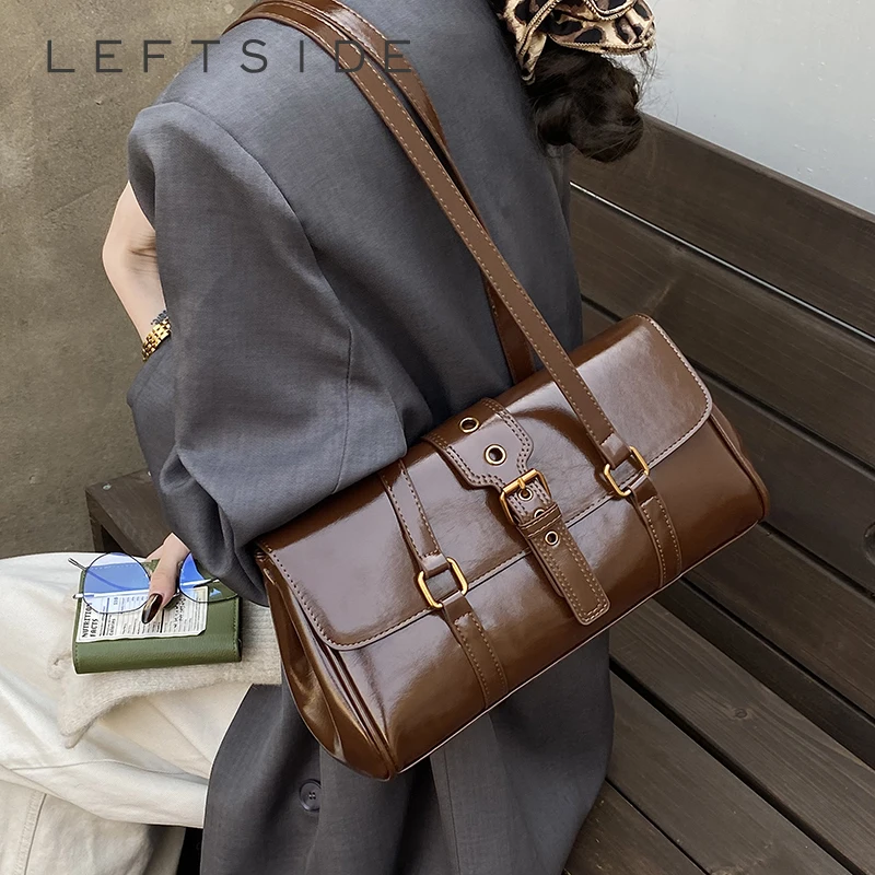 

LEFTSIDE Women Shiny Leather Shoulder Bag 2025 Winter Retro Soft Tote Bag Luxury Designer New Trend Brand Handbags and Purses