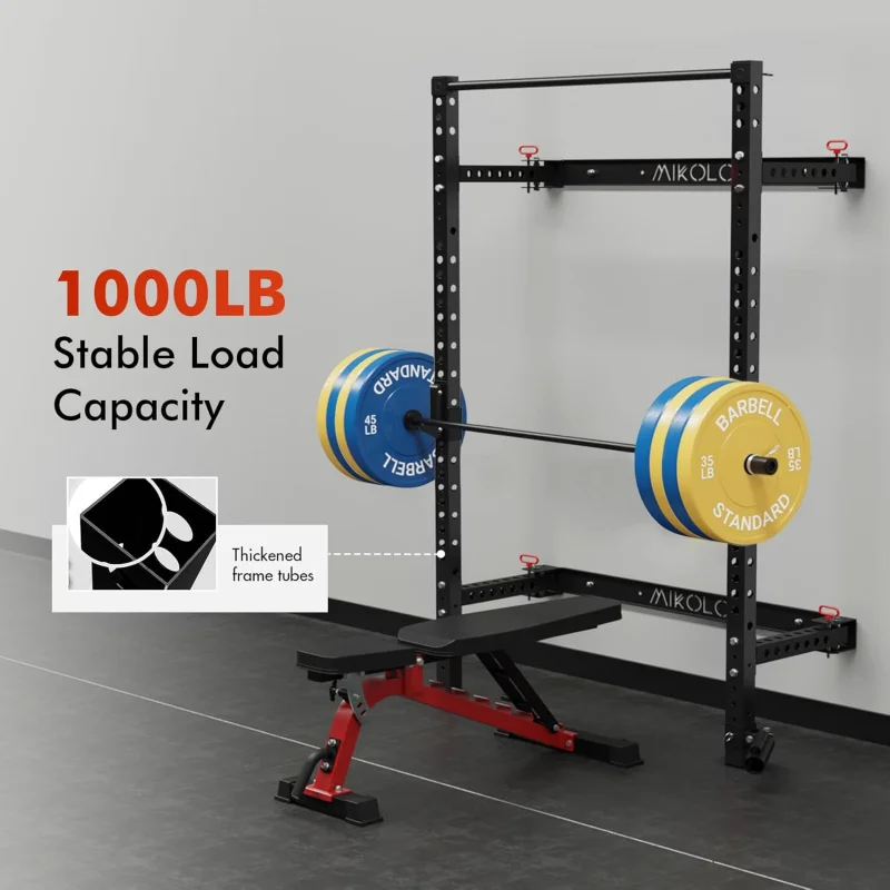 

(TTO)2" x 2" Folding Wall Mounted Squat Rack, 1000 Pounds Capacity Power Rack with Pull Up Bar, J Hooks and Other Attachments OG