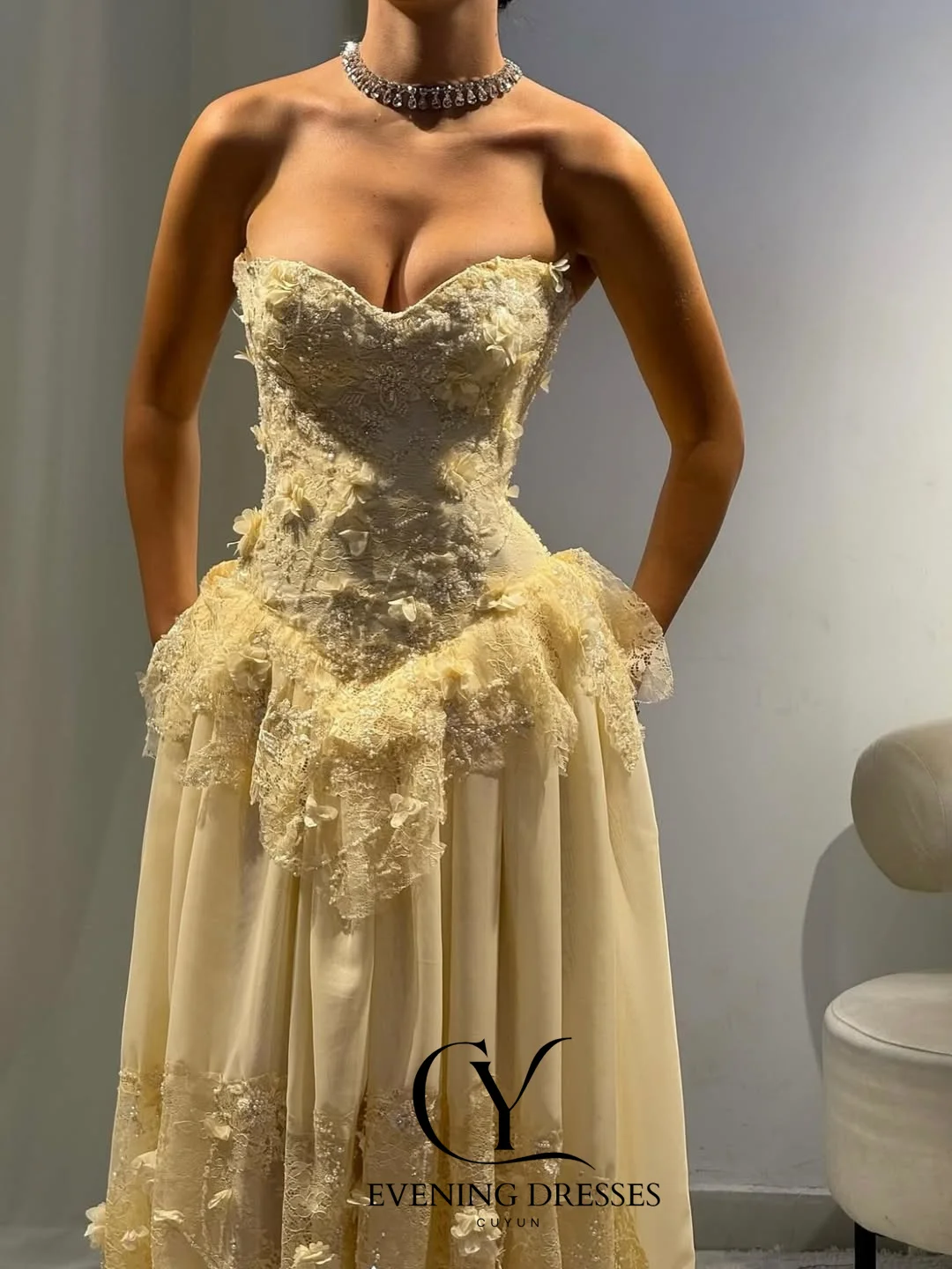 CUYUN ثوب مسائي فاخر 2025 على شكل قلب بدون حمالات دانتيل زينة فستان حفلة شيفون مخصص مشد خلفي فساتين لحضور الحفلات الموسيقية